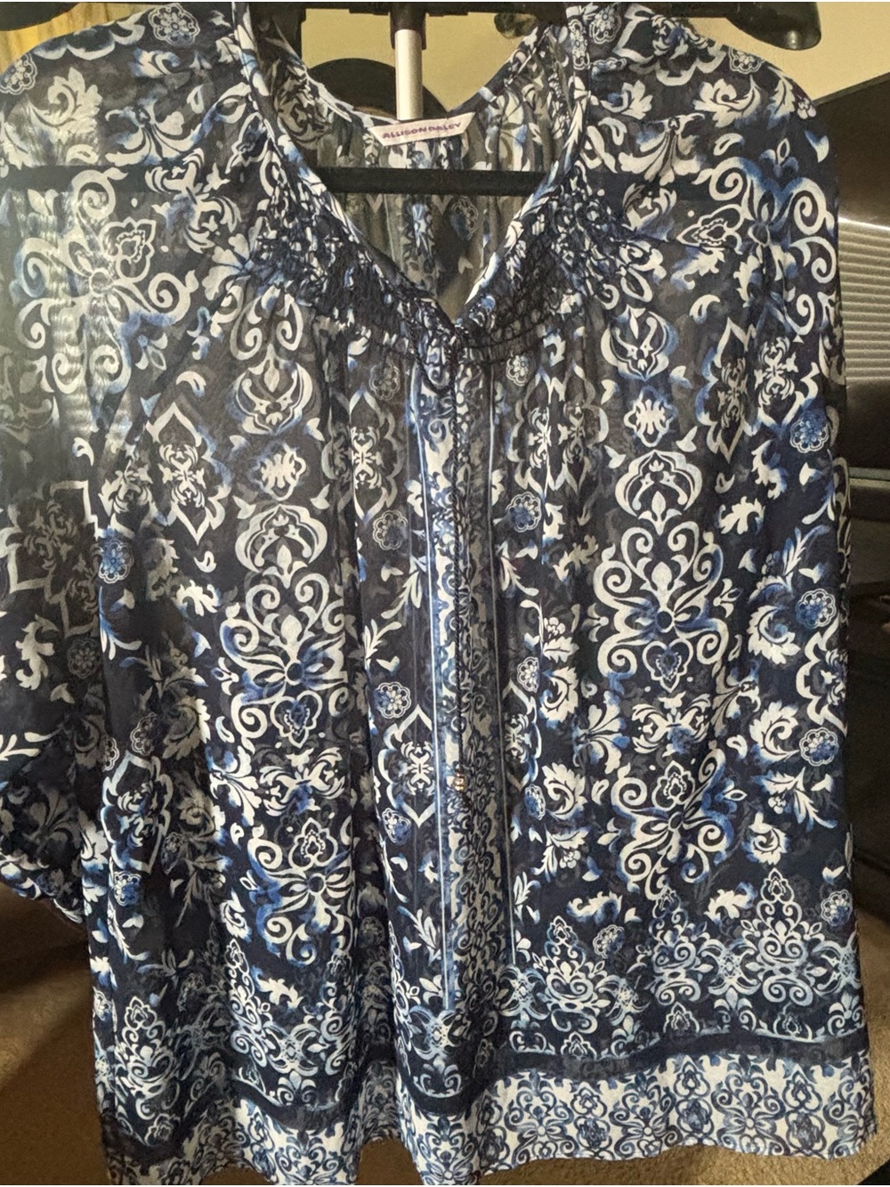 Women’s Blue and White Printed Tunic Blouse - Smocked Neck